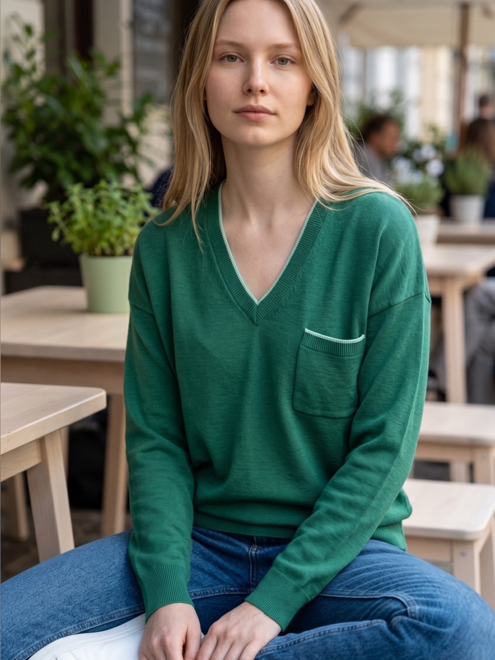 J. Jill Green V-Neck Sweater with Chest Pocket